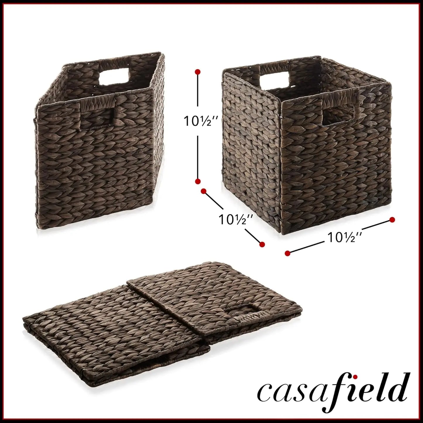 10.5" x 10.5" Water Hyacinth Storage Baskets, Espresso - Set of 6 Collapsible Cube Organizers
