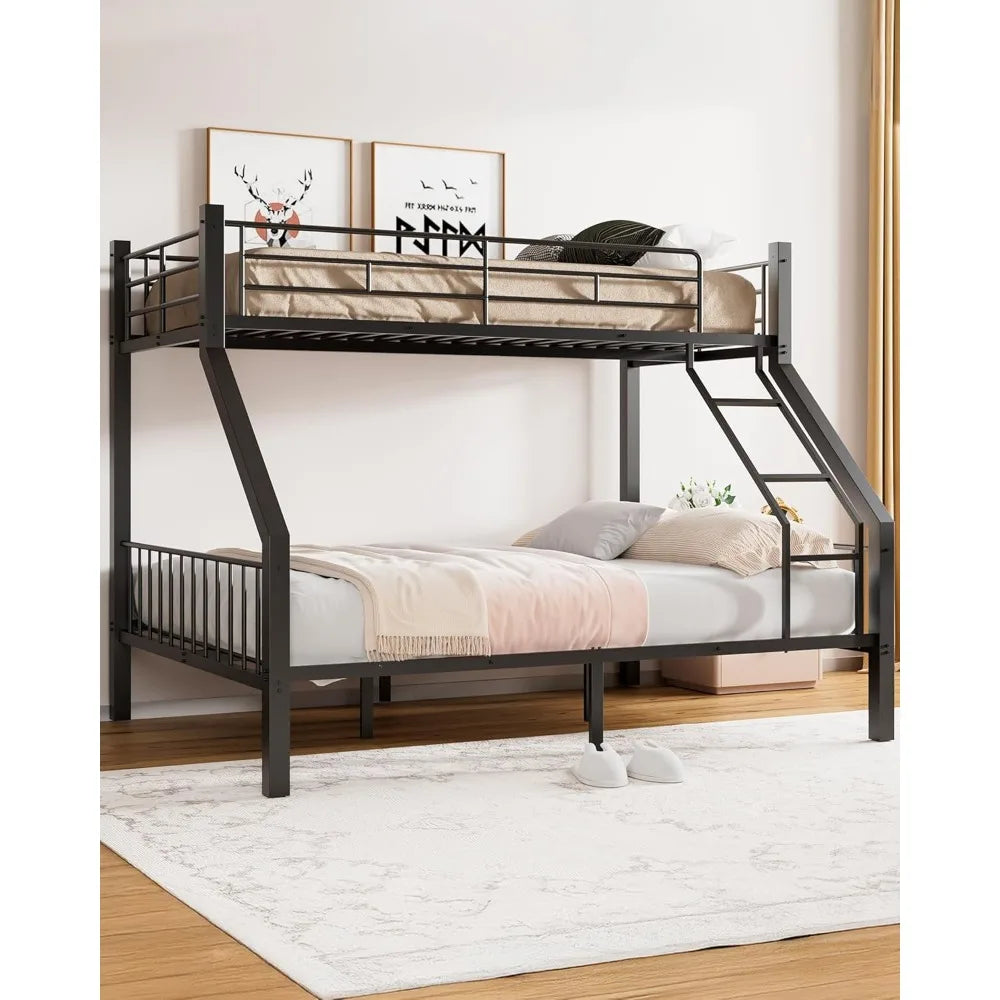 Twin XL Over Queen Bunk Bed, Heavy Duty Bunk Bed with Safety Ladder and Full-Length Guardrails, Metal Queen Bed Frame with Slats