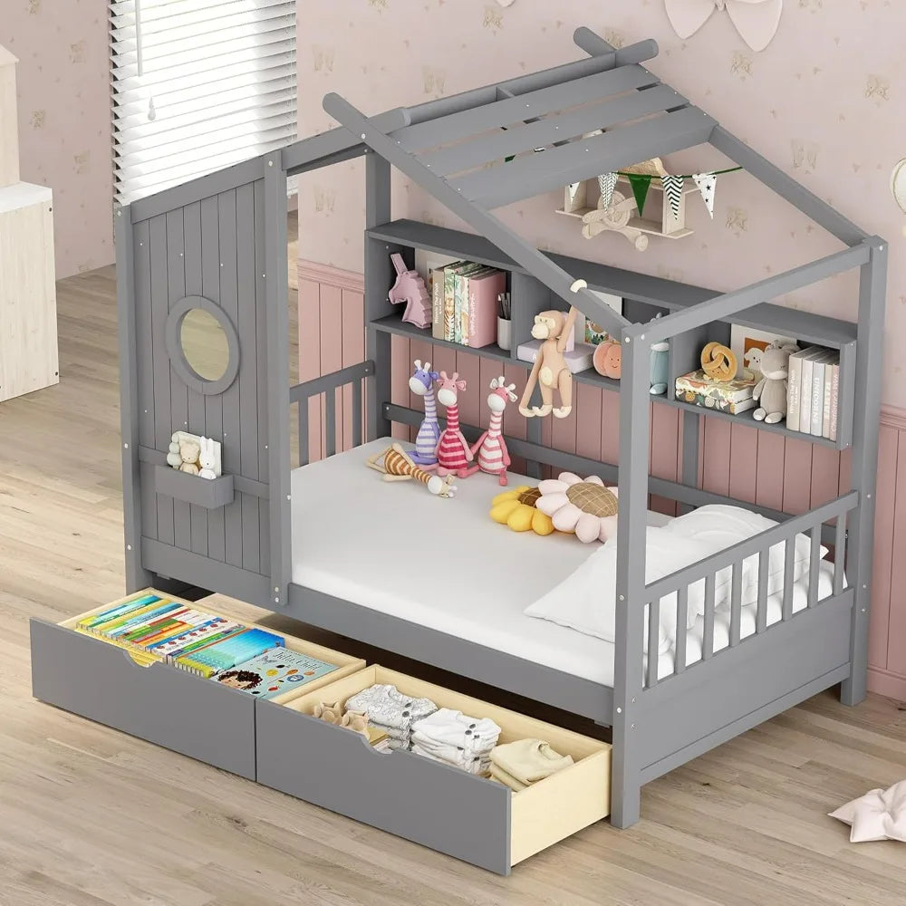 Twin-Sized Storage Drawer Bed Frame with Shelves, Wooden Kids' House Bed with Roof for Boys and Girls