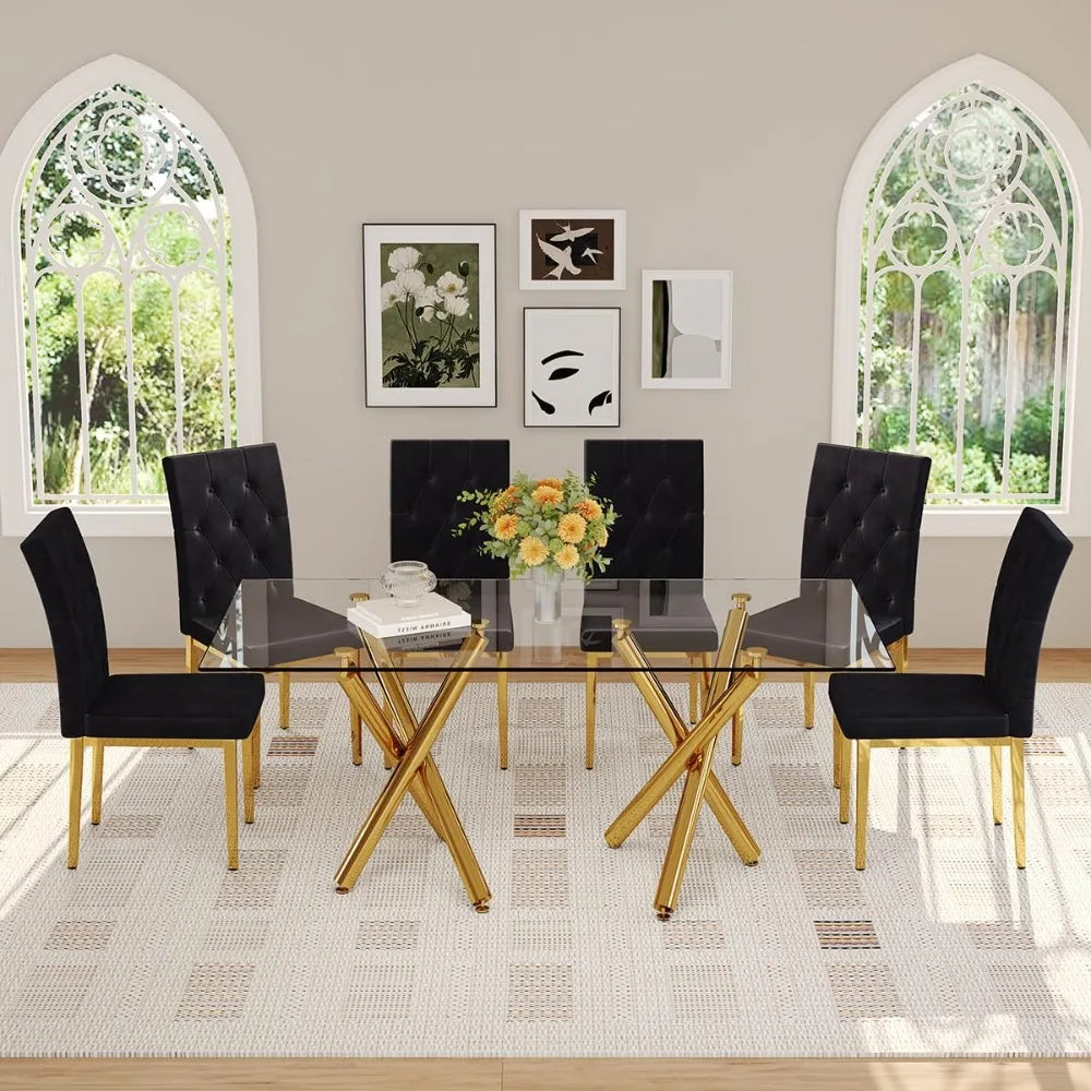 Glass Dining Table, Gold Dining Table for 6-8, Large Size Kitchen and Dining Room Table with Tempered Glass top and Gold Metal