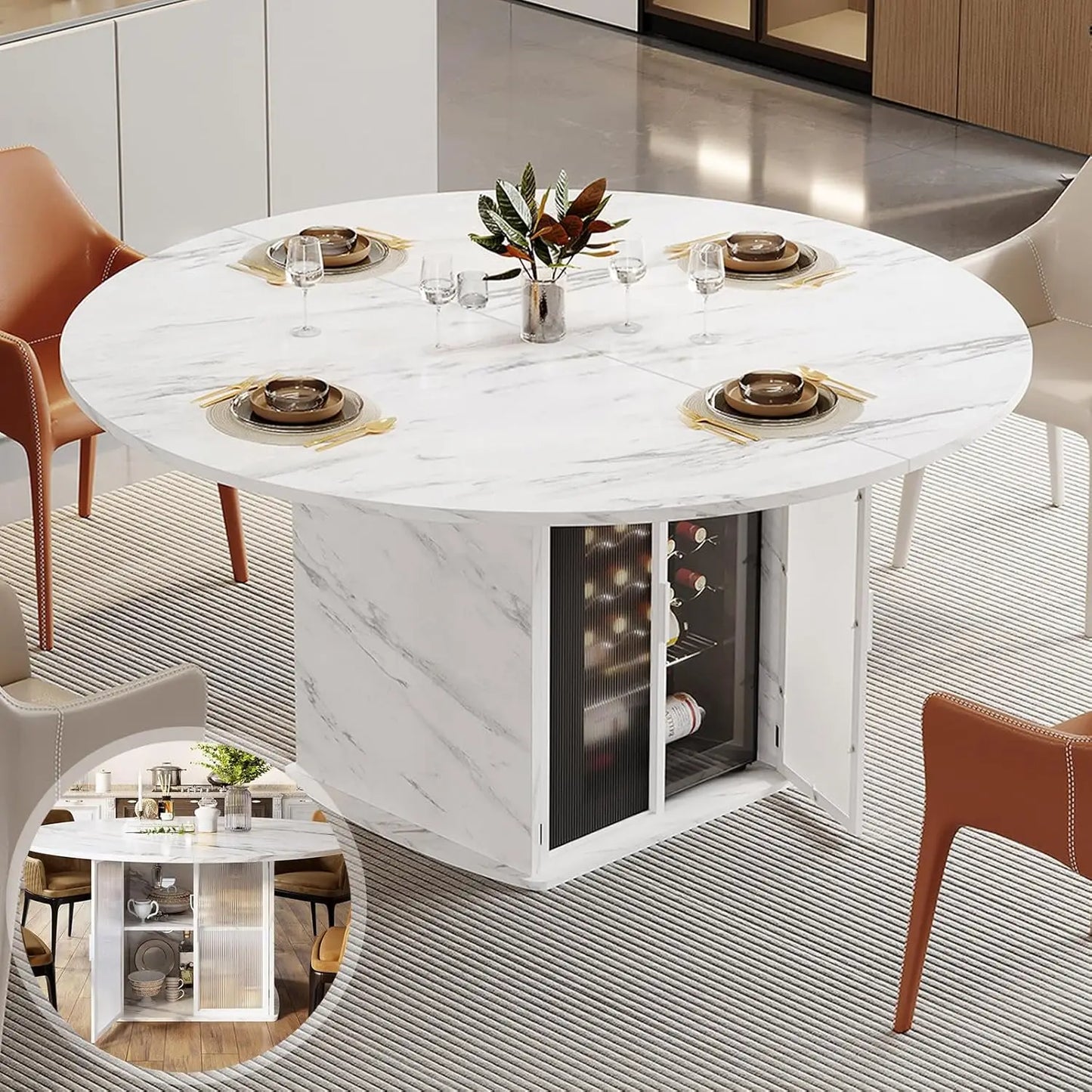 Round Dining Table for 4-6, 47 Inch Kitchen Table with Fridge Space, Industrial Dining Room Tables with Storage Shelf,