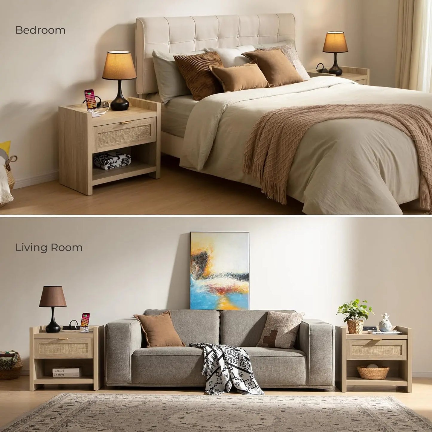 Rattan Nightstands Boho Wicker Decor Drawer Storage - Light Oak