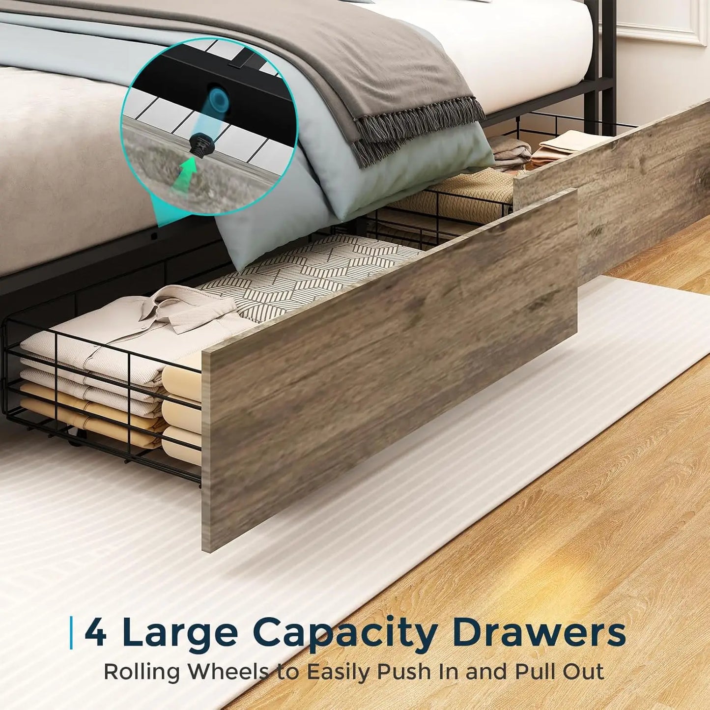 King Size Bed Frame with Storage Headboard, Metal Platform King Bed Frame Wood with 4 Drawers, LED Light, Charging Station