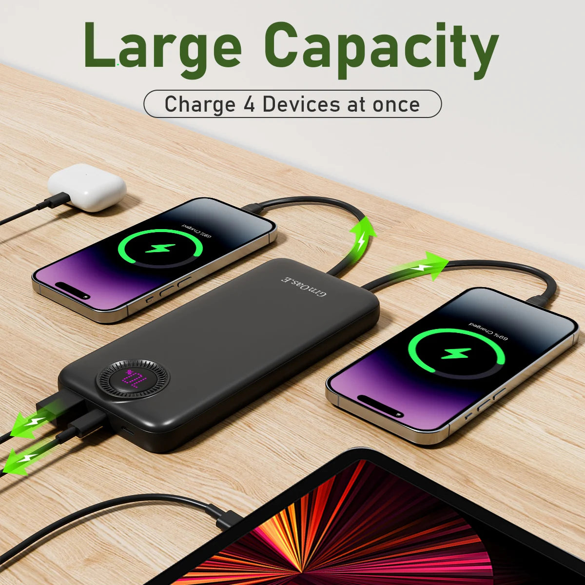 10000mAh 22.5W Portable Charger with Built in Cables 4 Outputs 2 Inputs 5V/3A Fast Charging Power Bank for iPhone Android iPad