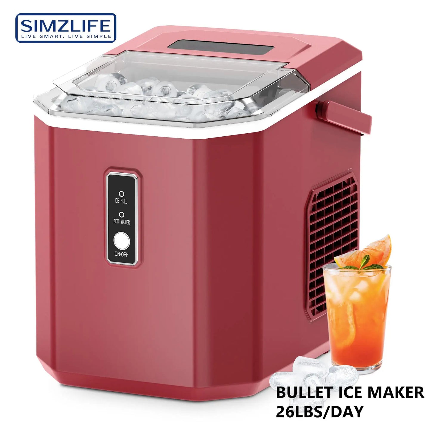 SIMZLIFE Ice Maker Countertop , 26.5 lbs/24H, 9 Cubes in 6 Mins,Self-Cleaning, Portable Ice Maker with Handle for Home,Red
