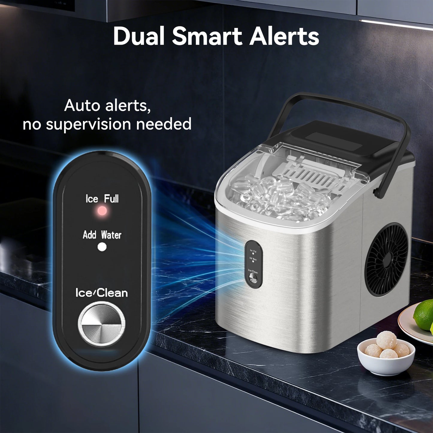 SIMZIFE Portable Countertop Ice Maker with Handle, 26 lbs/24H, 9 Cubes in 6 Mins, Auto-Cleaning(Black Choice CN)Silver Choice US