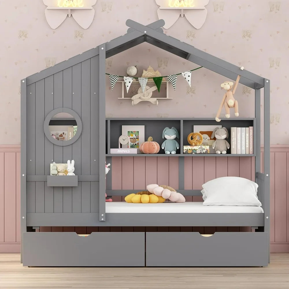Twin-Sized Storage Drawer Bed Frame with Shelves, Wooden Kids' House Bed with Roof for Boys and Girls