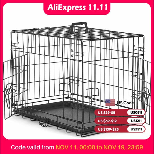JHK Double Door Folding Metal Wire Dog Cage with Plastic Leak-Proof Pan Tray Extra Large Pet Kennel for Indoor Outdoor Travel