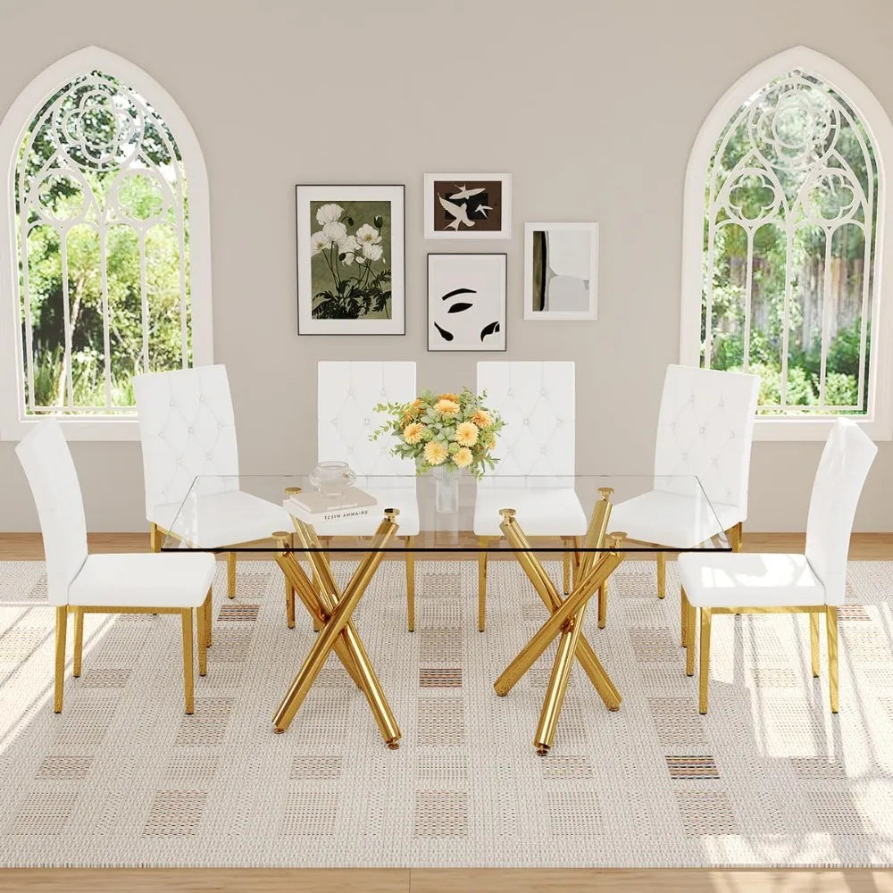 Glass Dining Table, Gold Dining Table for 6-8, Large Size Kitchen and Dining Room Table with Tempered Glass top and Gold Metal