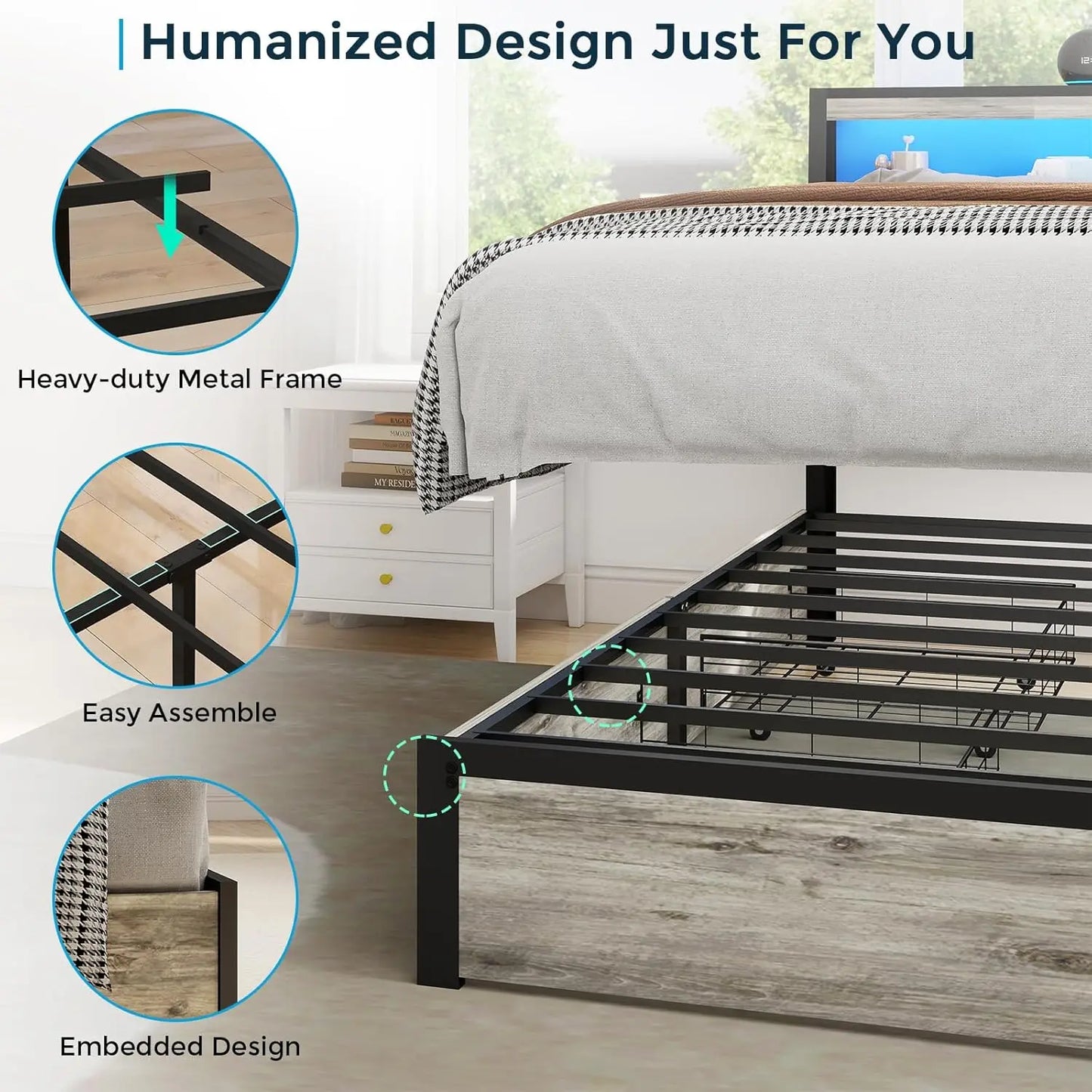 King Size Bed Frame with Storage Headboard, Metal Platform King Bed Frame Wood with 4 Drawers, LED Light, Charging Station