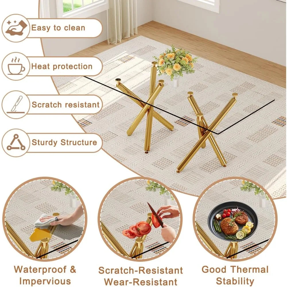 Glass Dining Table, Gold Dining Table for 6-8, Large Size Kitchen and Dining Room Table with Tempered Glass top and Gold Metal