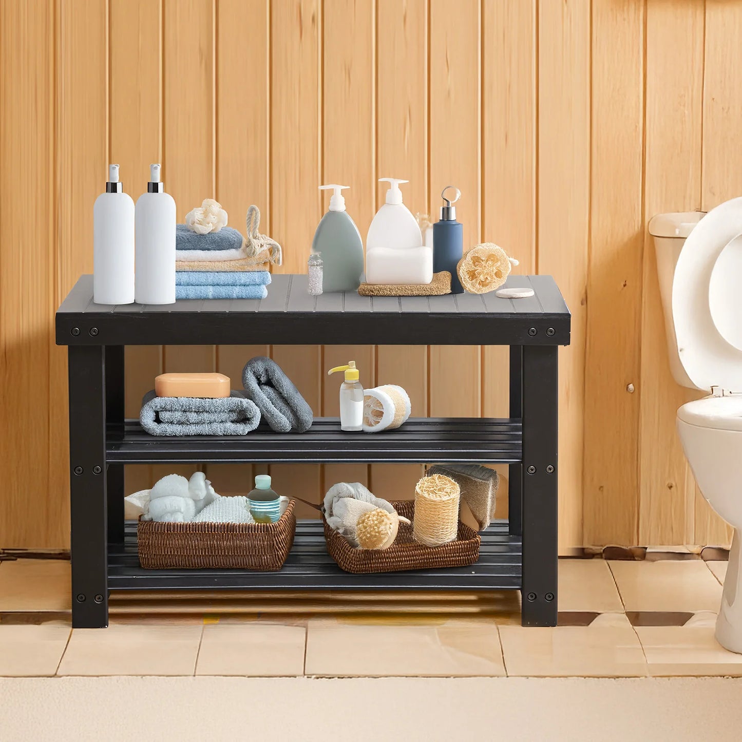 JHK Living Room 3-Tier Bamboo Shoe Rack Bench Holds Up to 286 lb Storage Organizer  Suitable for Bedroom Balcony ﻿