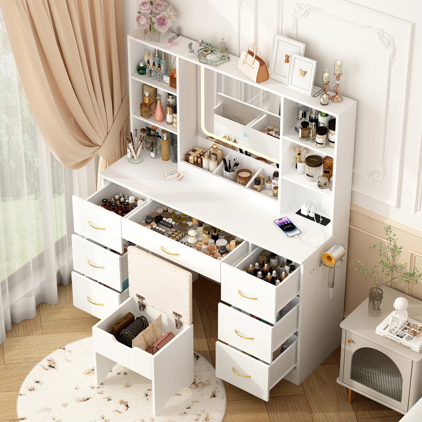 47" Large Vanity Desk with Mirror and Lights, LED White Vanity Set with Stool and Power Outlet, Lighted Make up Vanity Desk