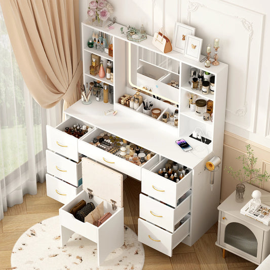 47" Large Vanity Desk with Mirror and Lights, LED White Vanity Set with Stool and Power Outlet, Lighted Make up Vanity Desk