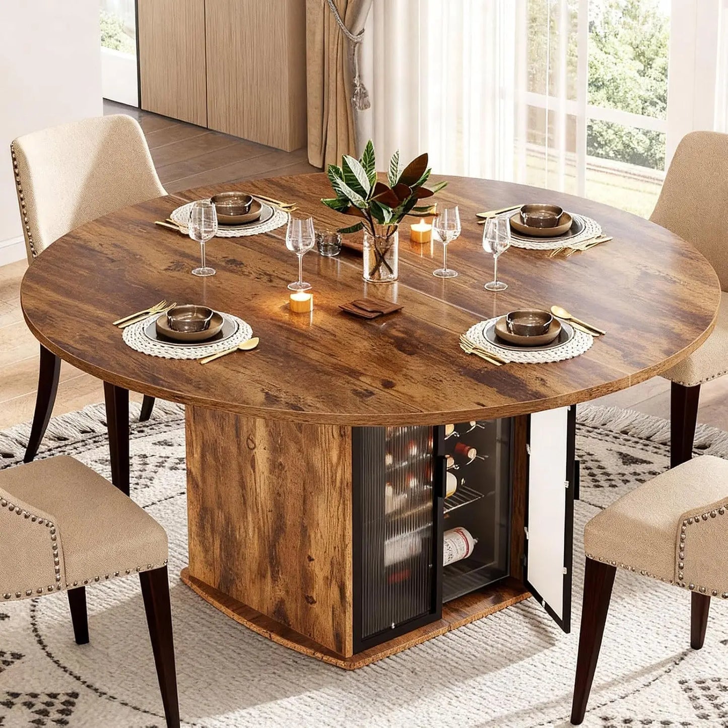 Round Dining Table for 4-6, 47 Inch Kitchen Table with Fridge Space, Industrial Dining Room Tables with Storage Shelf,