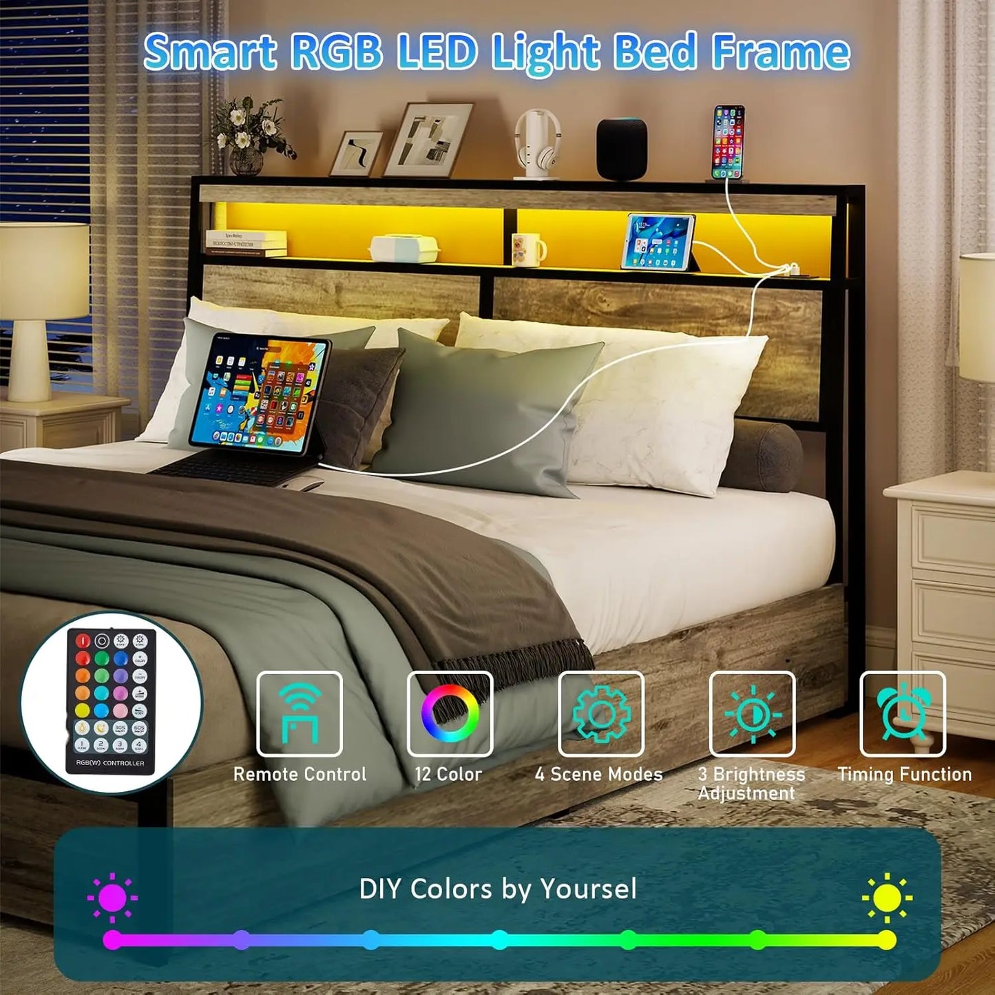 King Size Bed Frame with Storage Headboard, Metal Platform King Bed Frame Wood with 4 Drawers, LED Light, Charging Station