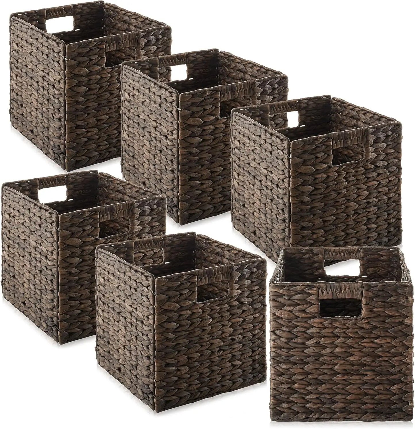10.5" x 10.5" Water Hyacinth Storage Baskets, Espresso - Set of 6 Collapsible Cube Organizers