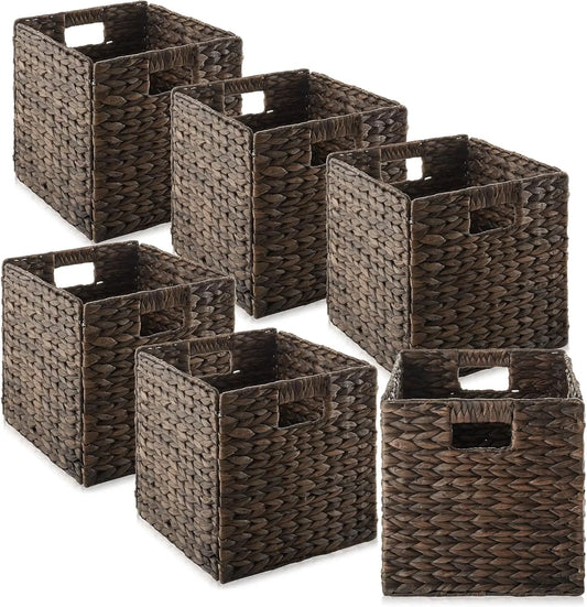 10.5" x 10.5" Water Hyacinth Storage Baskets, Espresso - Set of 6 Collapsible Cube Organizers