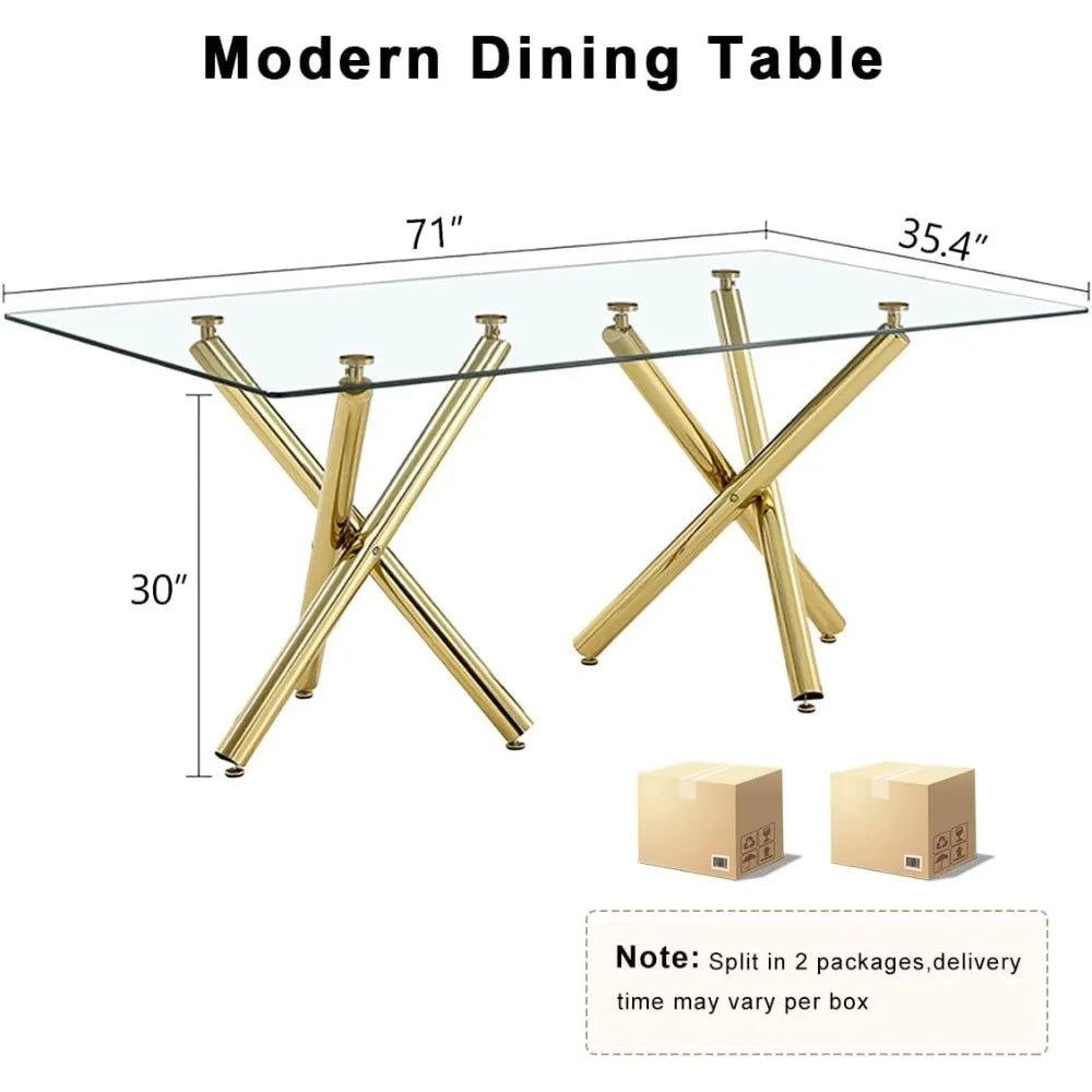 Glass Dining Table, Gold Dining Table for 6-8, Large Size Kitchen and Dining Room Table with Tempered Glass top and Gold Metal