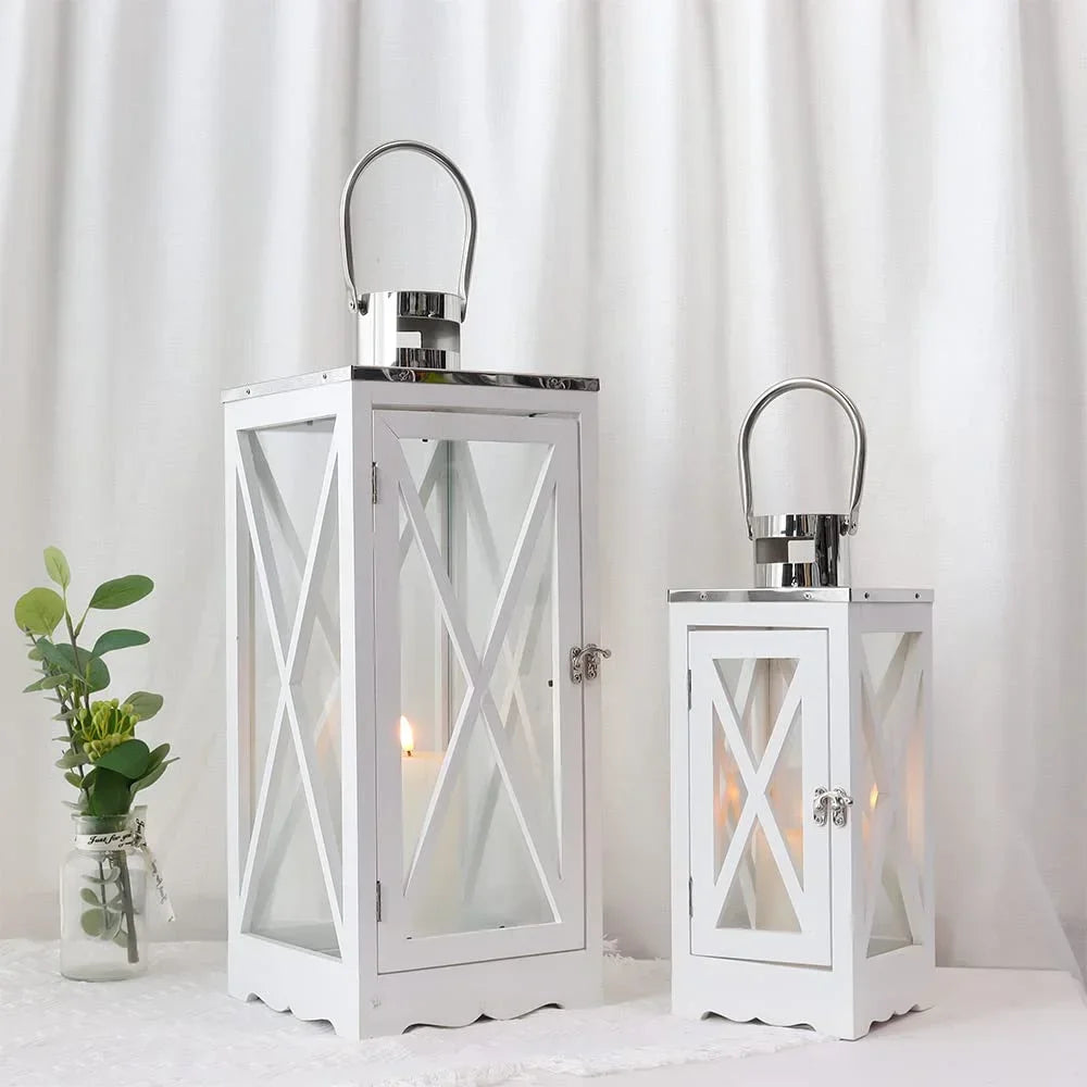 Farmhouse Wood Lantern Decorative Candle Holders with Tempered Glass & Stainless Steel Handle Hanging Lantern for Indoor Outdoor