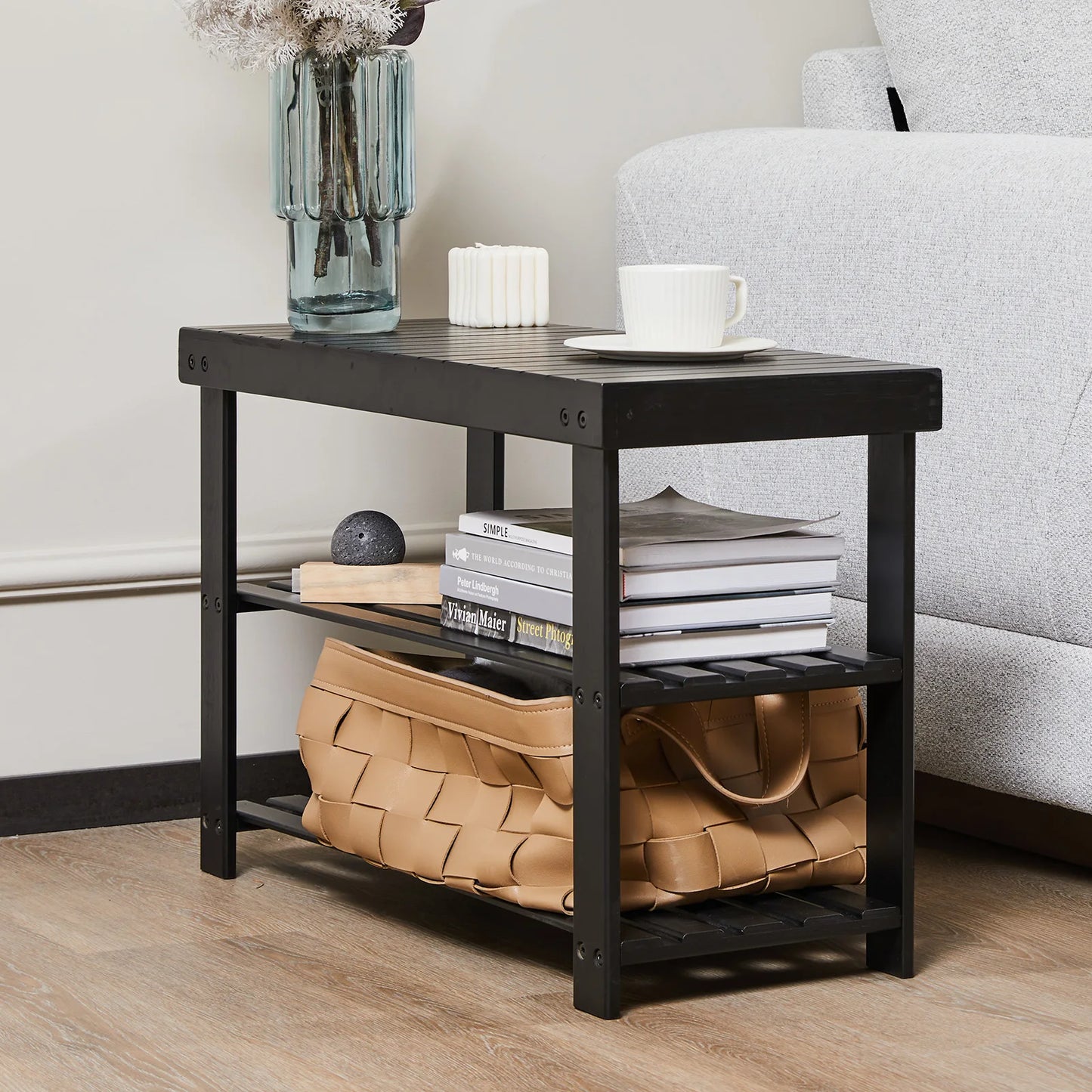 JHK Living Room 3-Tier Bamboo Shoe Rack Bench Holds Up to 286 lb Storage Organizer  Suitable for Bedroom Balcony ﻿