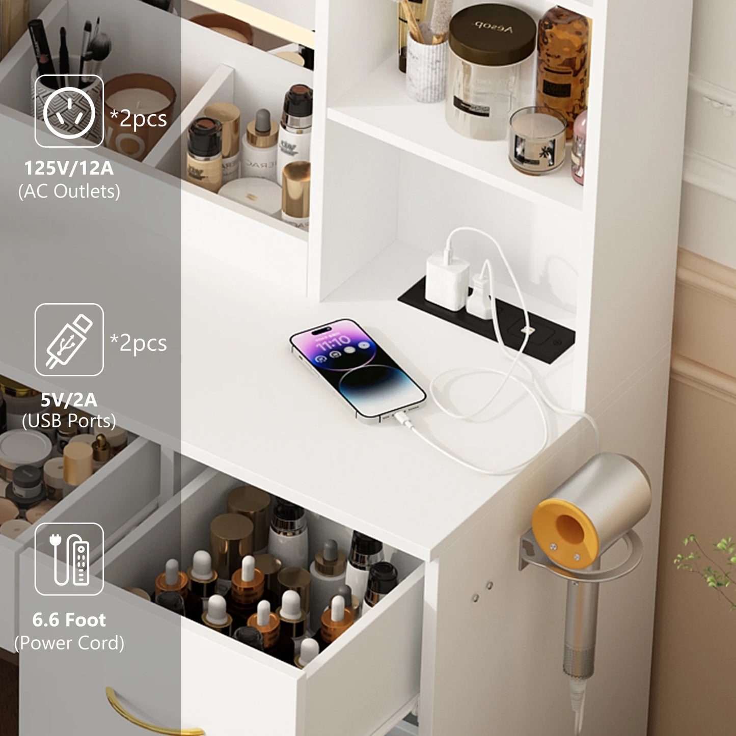 47" Large Vanity Desk with Mirror and Lights, LED White Vanity Set with Stool and Power Outlet, Lighted Make up Vanity Desk