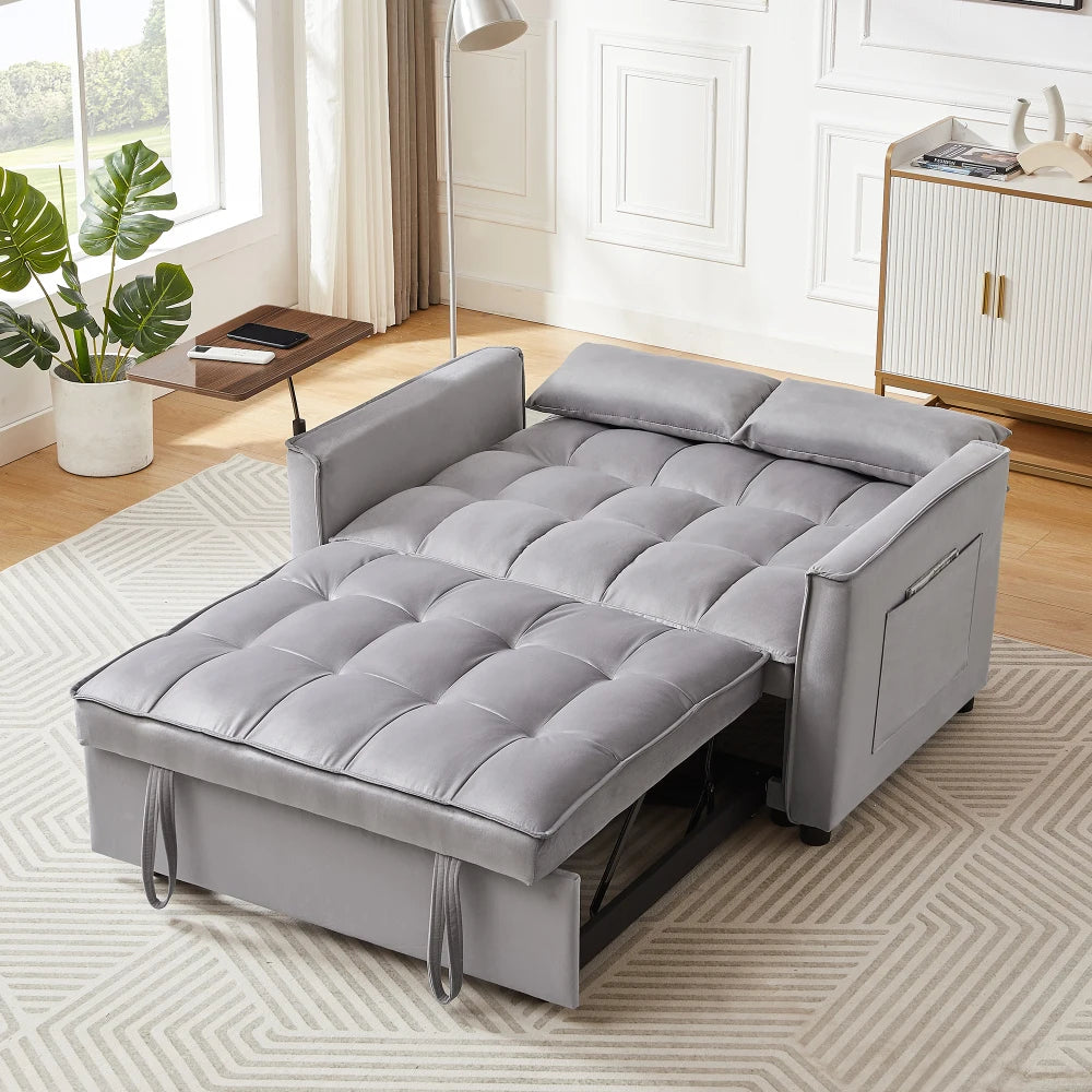 Grey Velvet Soft modern simple  Love seat Sofa converts into a Bed for multiple scenarios