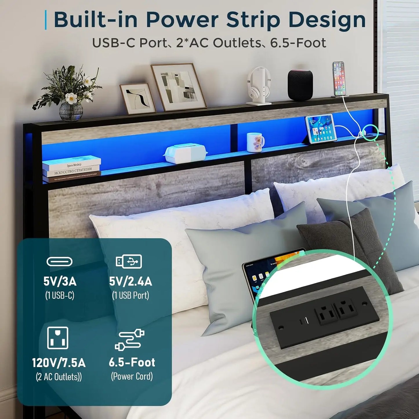 King Size Bed Frame with Storage Headboard, Metal Platform King Bed Frame Wood with 4 Drawers, LED Light, Charging Station