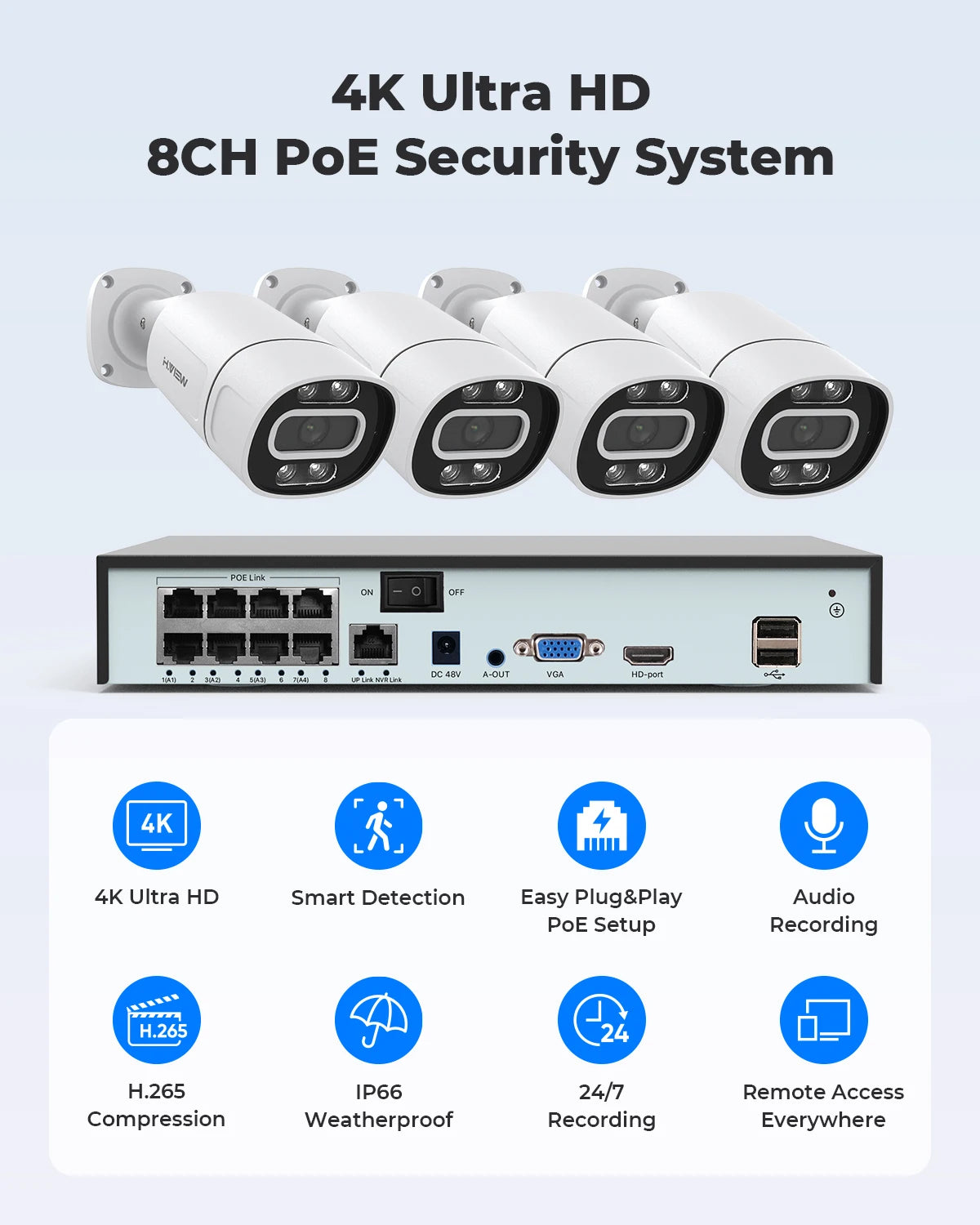 H.View 4K 5Mp 8Mp poe Cctv Security Camera System