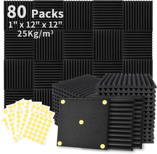 80 Pack Acoustic Foam Panels 1" x 12" x 12" Sound Proof Foam Panles Soundproofing Noise Cancelling Wedge Panels for Home Office