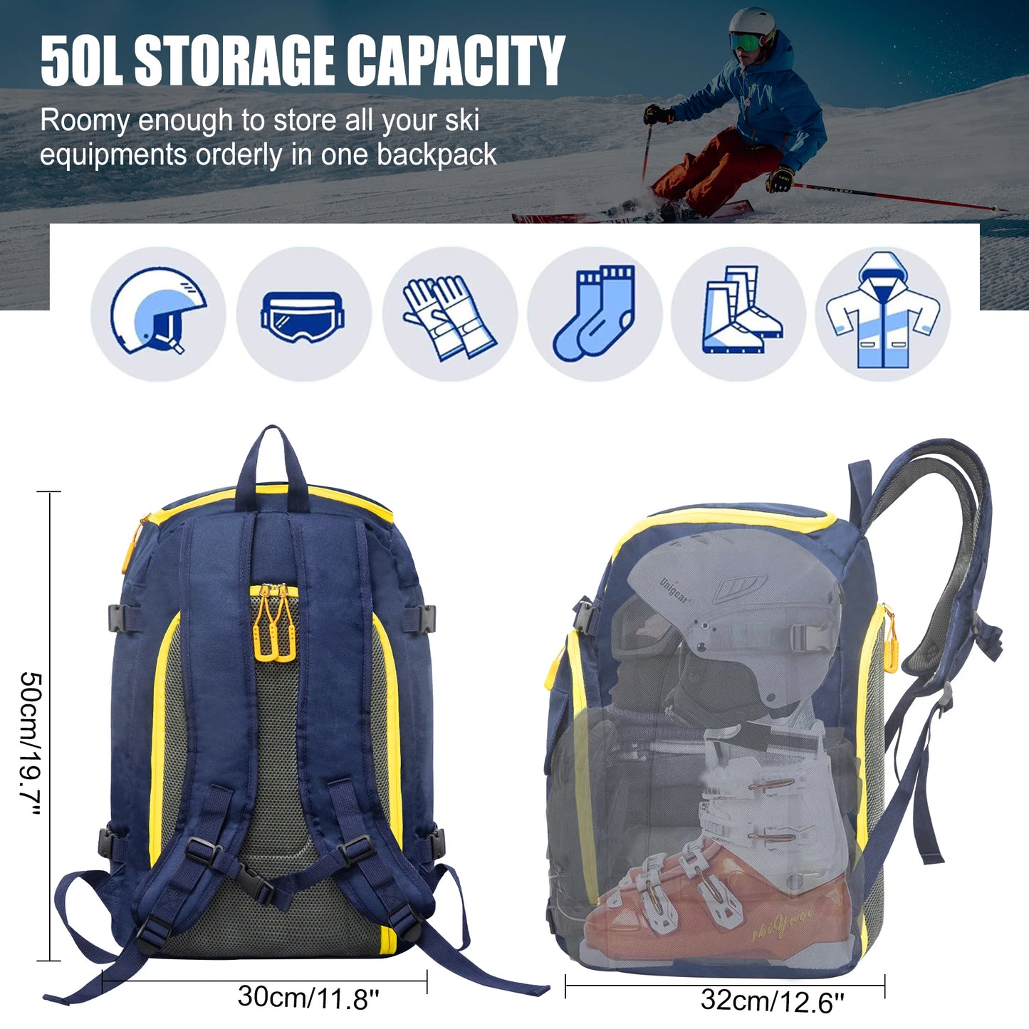 WESTTUNE 50L Outdoor Ski Boot Bag Large Capacity Travel Backpack for Ski Helmet Goggles Gloves Skis Snowboard & Accessories