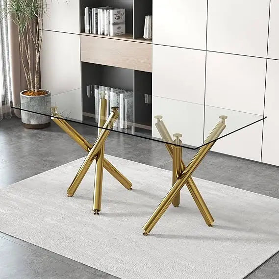 Glass Dining Table, Gold Dining Table for 6-8, Large Size Kitchen and Dining Room Table with Tempered Glass top and Gold Metal