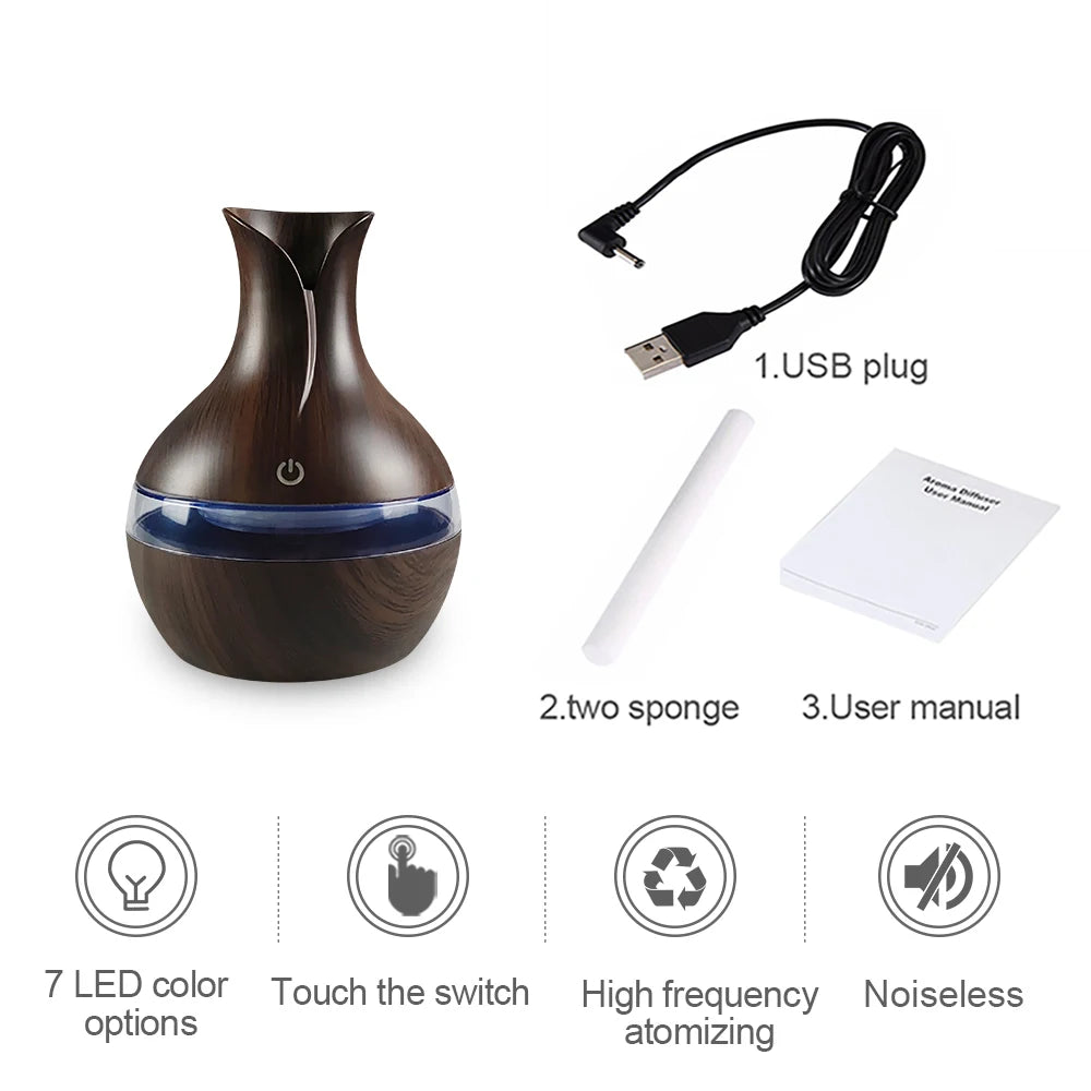 Air Humidifier with 7-Colors Mood LED Aromatherapy Diffuser 300ml Cool Mist Maker with USB Rechargeable for home bedroom