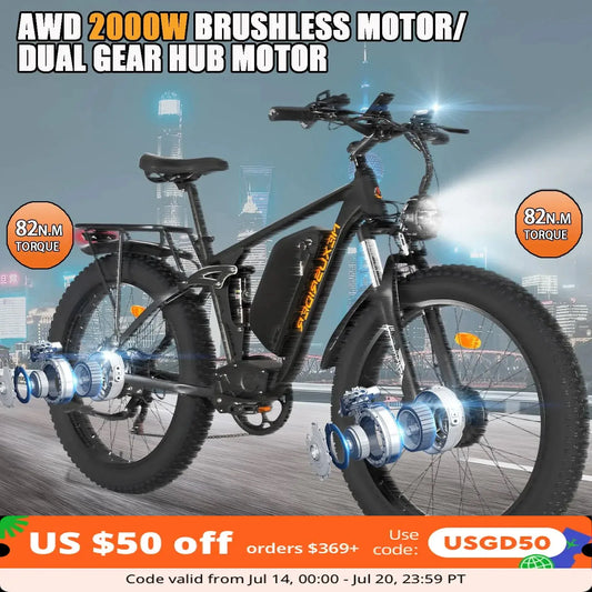 AWD 35MPH Smlro Nexusrider Ebike Dual Motor 2000W Fat Tire Montain E-Bike 48V 22.4Ah Hydraulic Brake Electric Bike for Adults