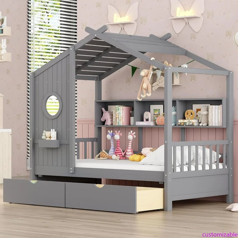 Twin-Sized Storage Drawer Bed Frame with Shelves, Wooden Kids' House Bed with Roof for Boys and Girls