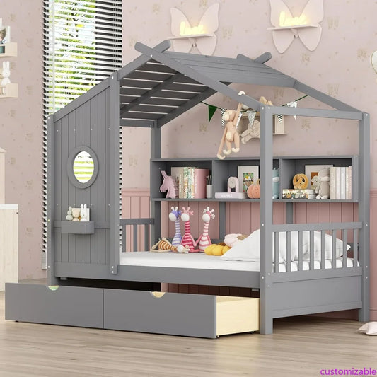 Twin-Sized Storage Drawer Bed Frame with Shelves, Wooden Kids' House Bed with Roof for Boys and Girls