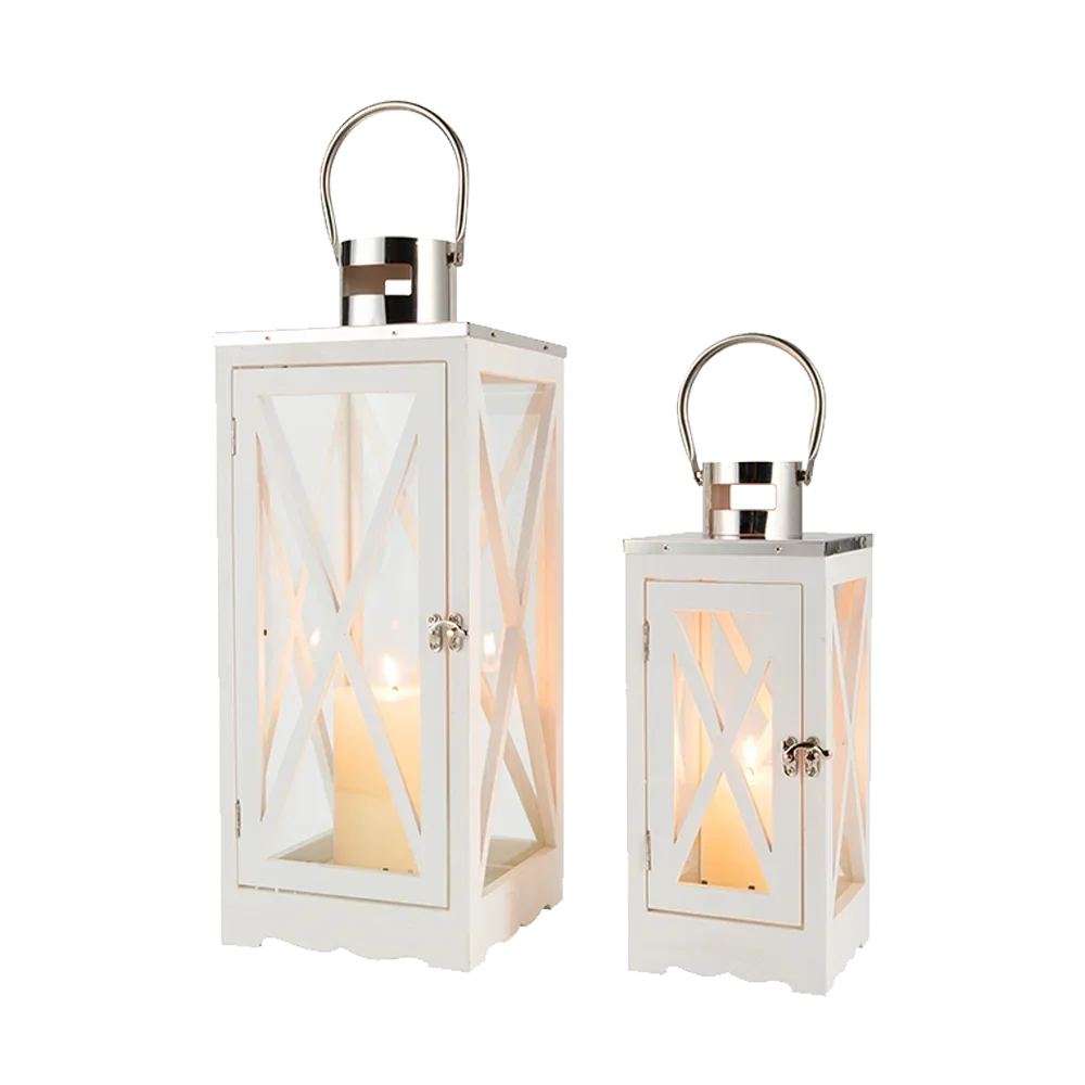 Farmhouse Wood Lantern Decorative Candle Holders with Tempered Glass & Stainless Steel Handle Hanging Lantern for Indoor Outdoor
