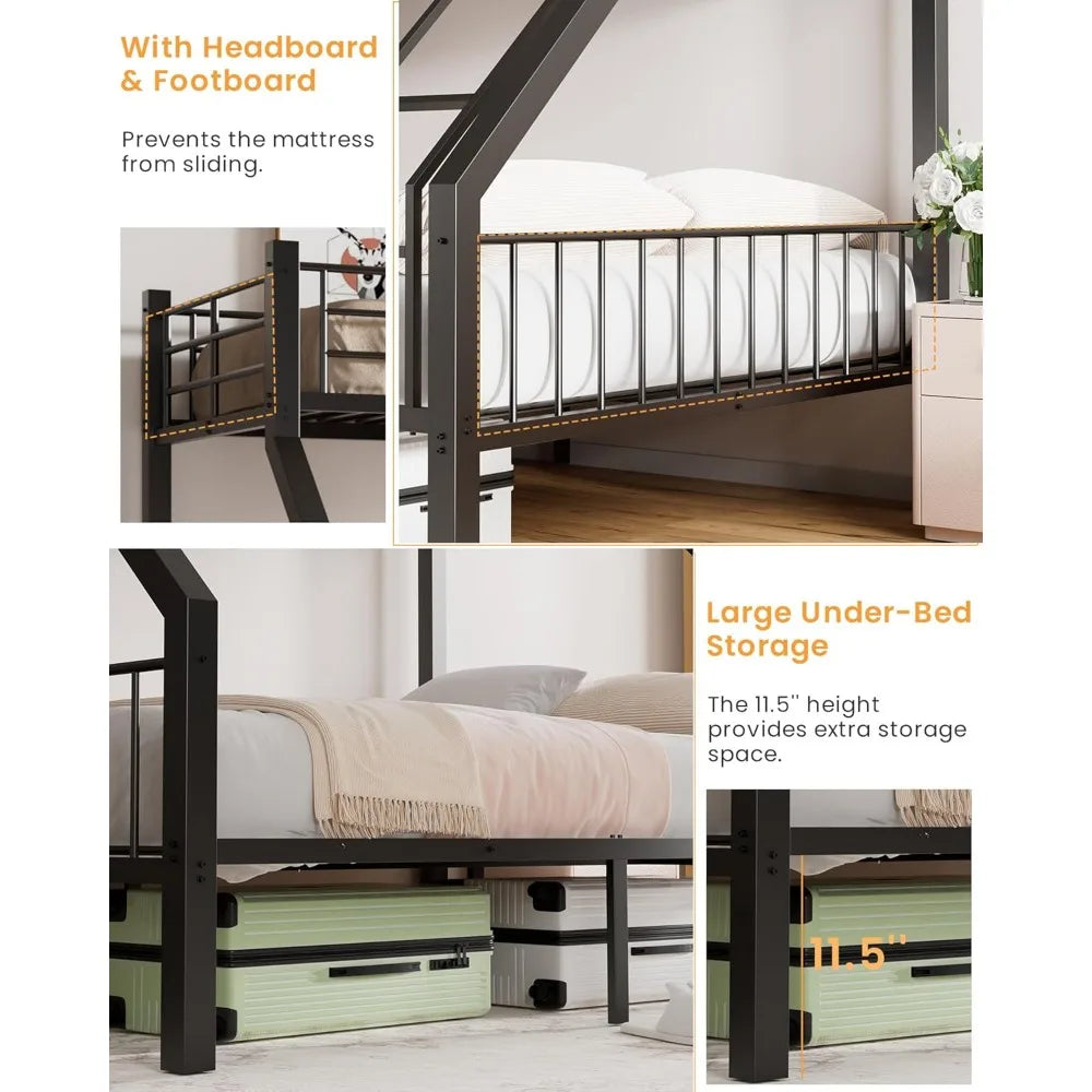 Twin XL Over Queen Bunk Bed, Heavy Duty Bunk Bed with Safety Ladder and Full-Length Guardrails, Metal Queen Bed Frame with Slats