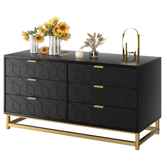Black 6 Drawer Dresser for Bedroom, Wood Chest of Drawers with Metal Legs