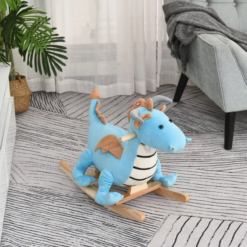 Kids Plush Ride-On Rocking Horse Toy Dinosaur Ride Rocking Chair with Realistic Sounds for18-36 Months, Blue