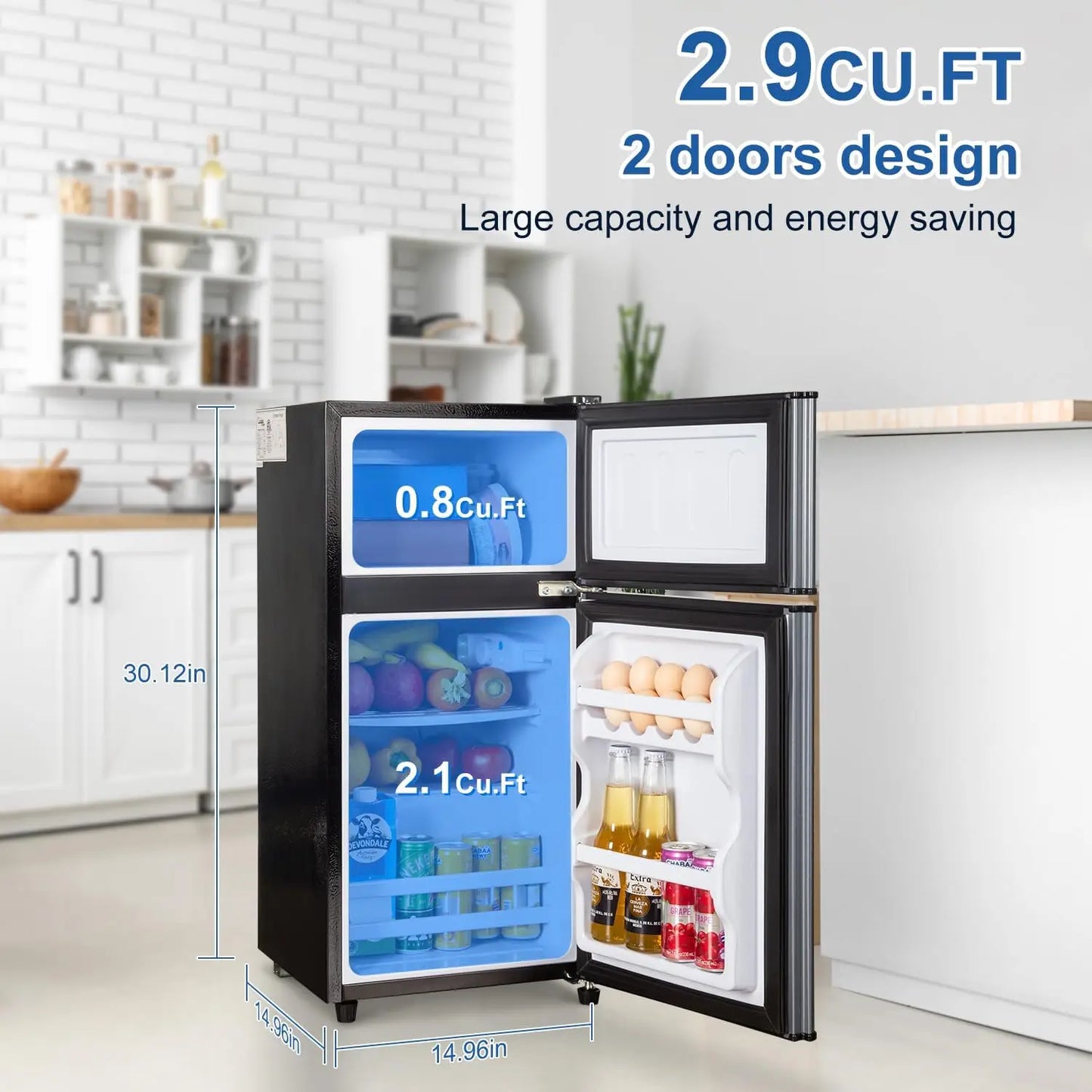 Mini Fridge with Freezer, 2.9 Cu.Ft Small Fridge, Energy Saving, Low Noise,7 Adjustable Thermostat, Double Door  Refrigerator