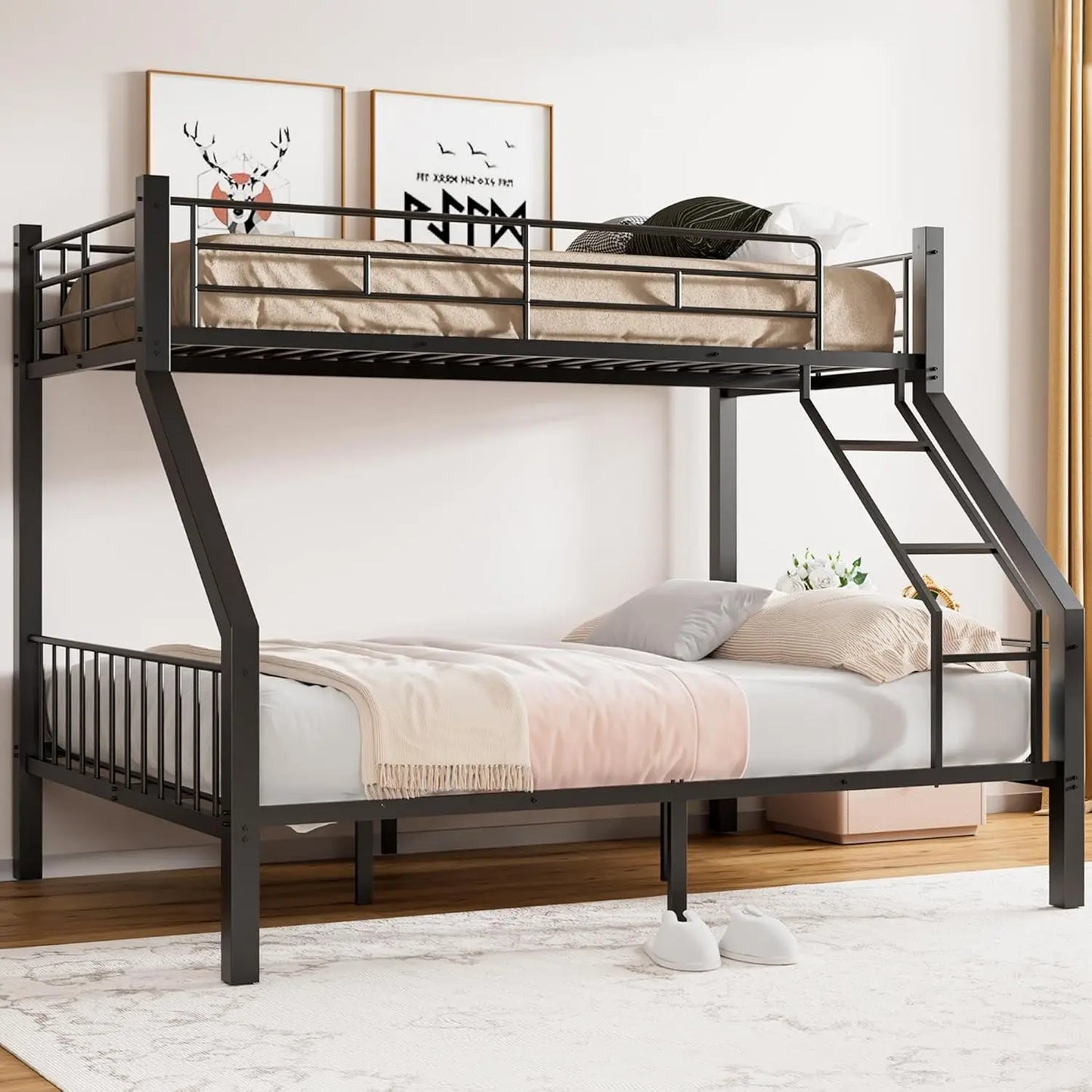 Twin XL Over Queen Bunk Bed, Heavy Duty Bunk Bed with Safety Ladder and Full-Length Guardrails, Metal Queen Bed Frame with Slats