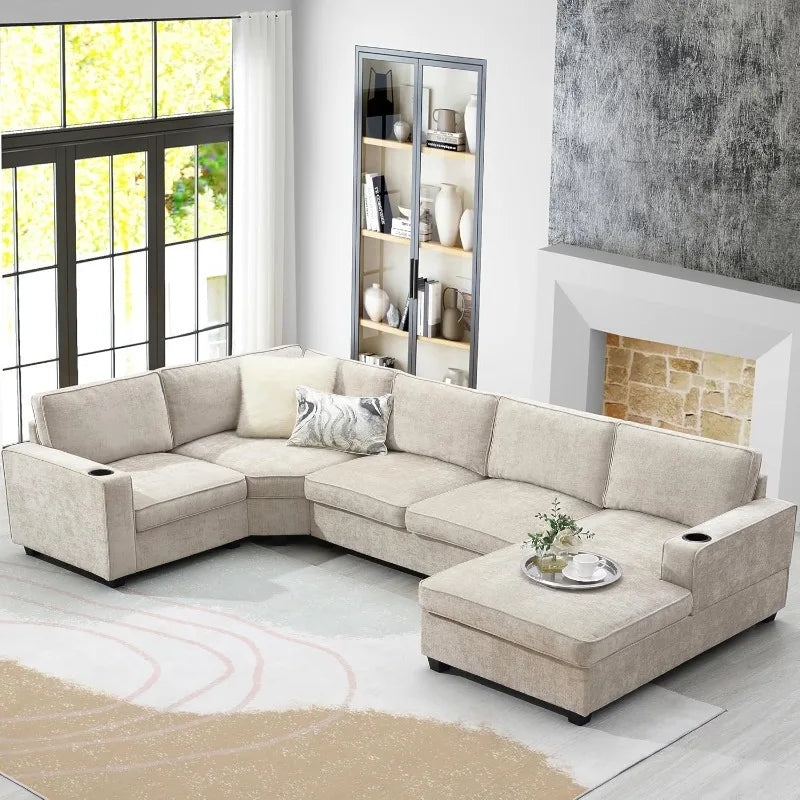 119" U Shaped Sectional Sofa, 6 Seat Chenille Corner Couch Set, for Living Room, Apartment, Beige