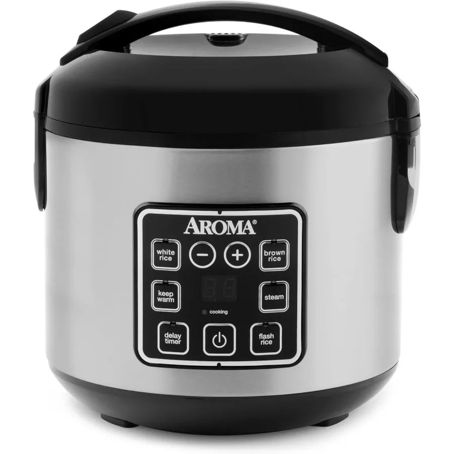Digital RicCookere  with Steamer and Multicooking Function for 4Cup Uncooked or 8Cup Cooked Capacity 2 Qt Stainless Steel Exter