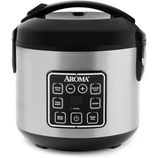 Digital RicCookere  with Steamer and Multicooking Function for 4Cup Uncooked or 8Cup Cooked Capacity 2 Qt Stainless Steel Exter