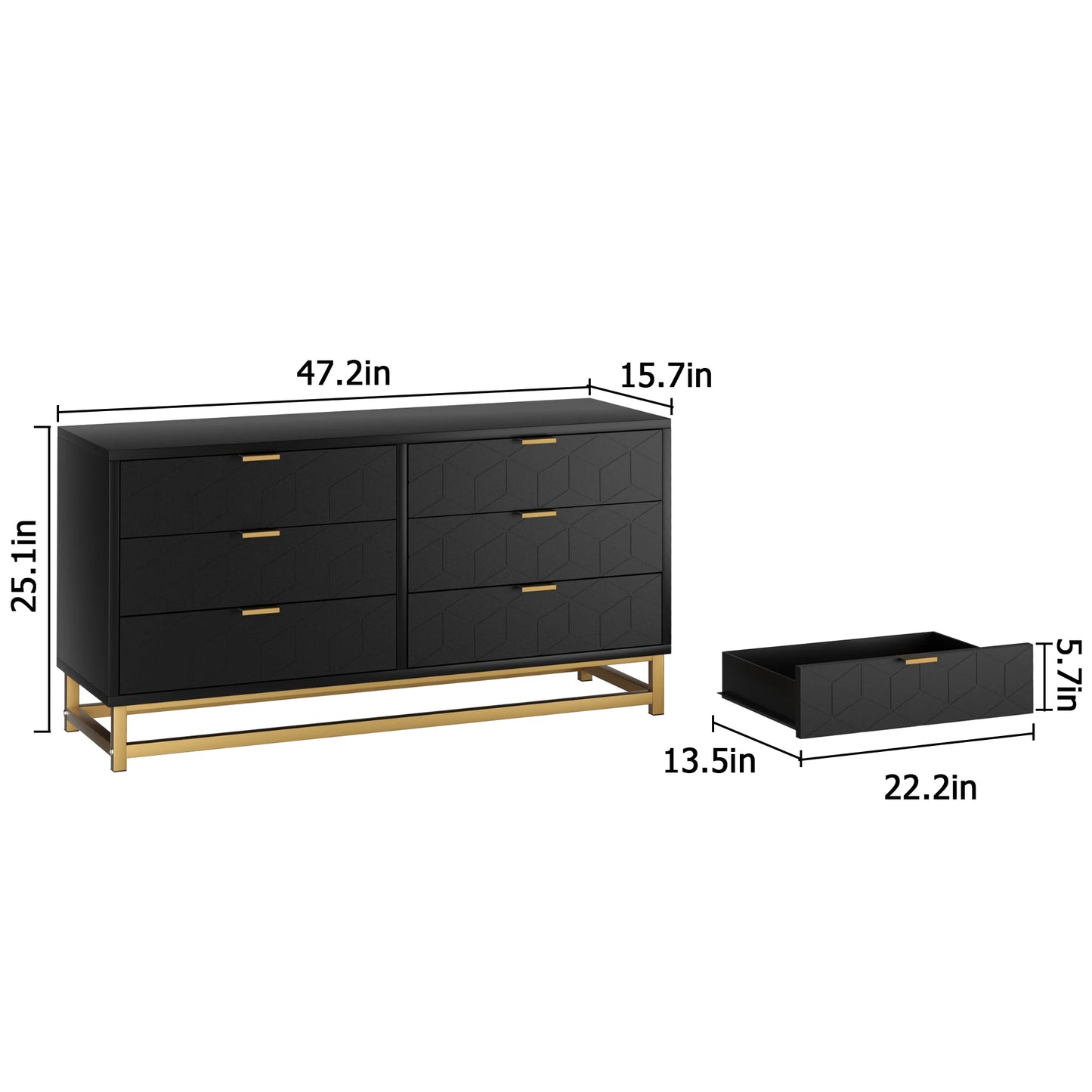 Black 6 Drawer Dresser for Bedroom, Wood Chest of Drawers with Metal Legs