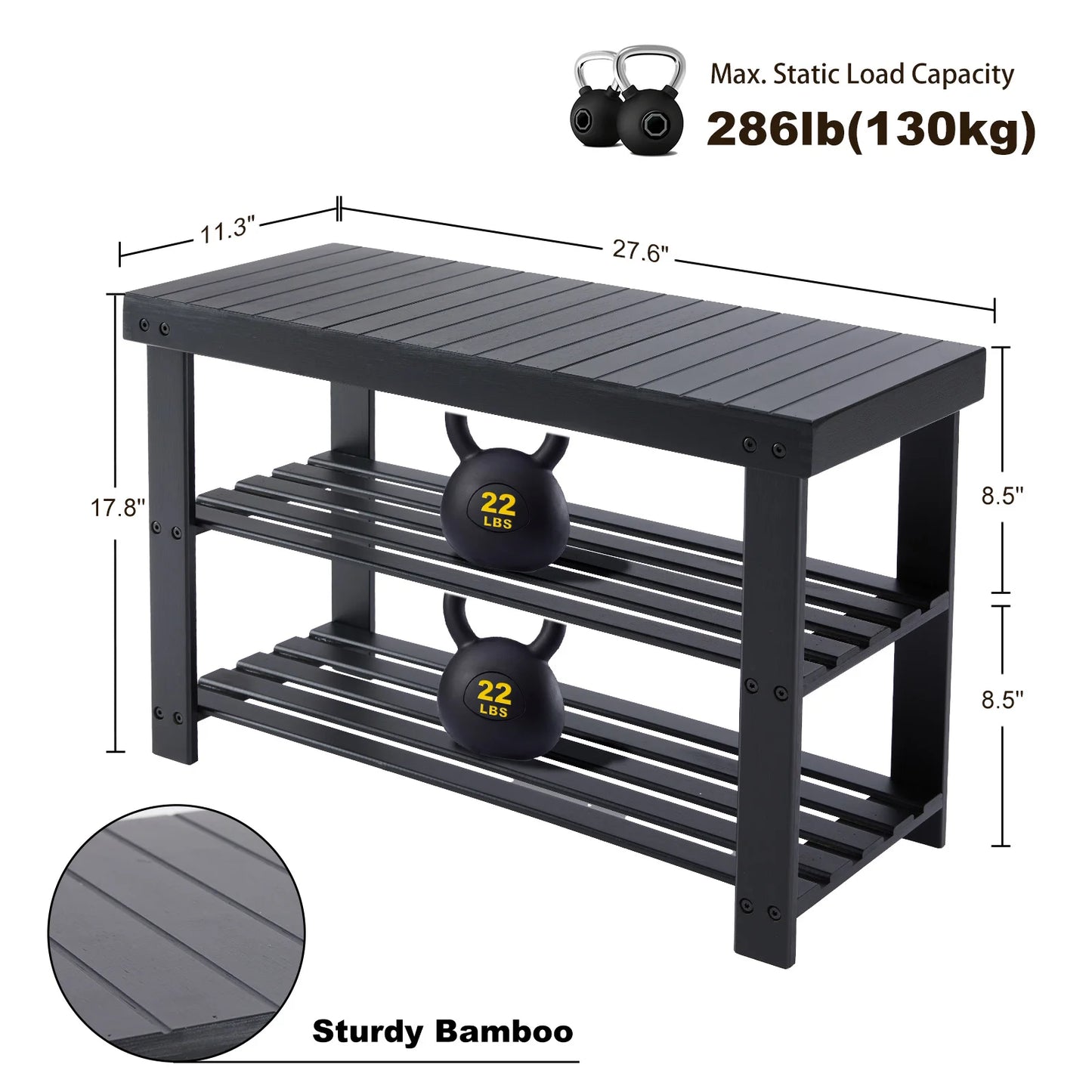 JHK Living Room 3-Tier Bamboo Shoe Rack Bench Holds Up to 286 lb Storage Organizer  Suitable for Bedroom Balcony ﻿