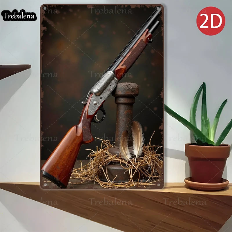 1PC 2D Flat 8*12inch Metal Sign Vintage Gun Rustic Feather
