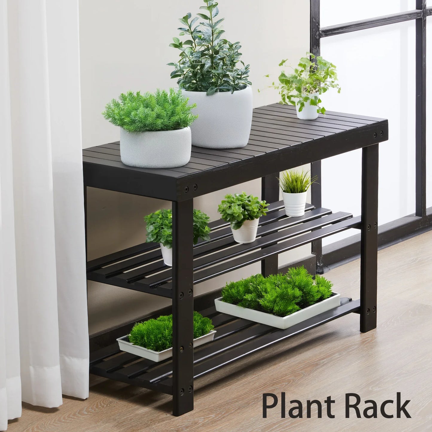 JHK Living Room 3-Tier Bamboo Shoe Rack Bench Holds Up to 286 lb Storage Organizer  Suitable for Bedroom Balcony ﻿