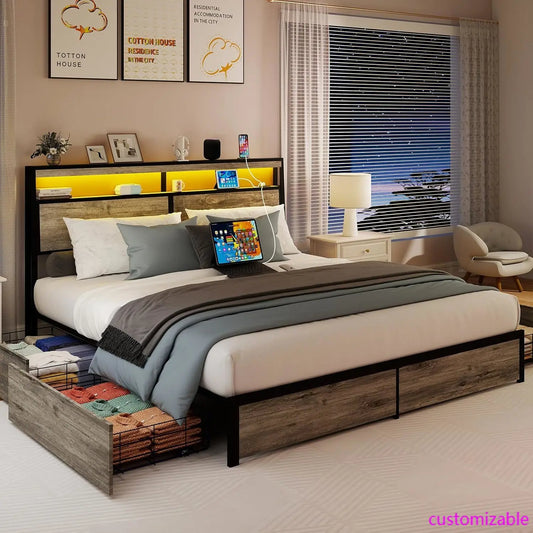 King Size Bed Frame with Storage Headboard, Metal Platform King Bed Frame Wood with 4 Drawers, LED Light, Charging Station